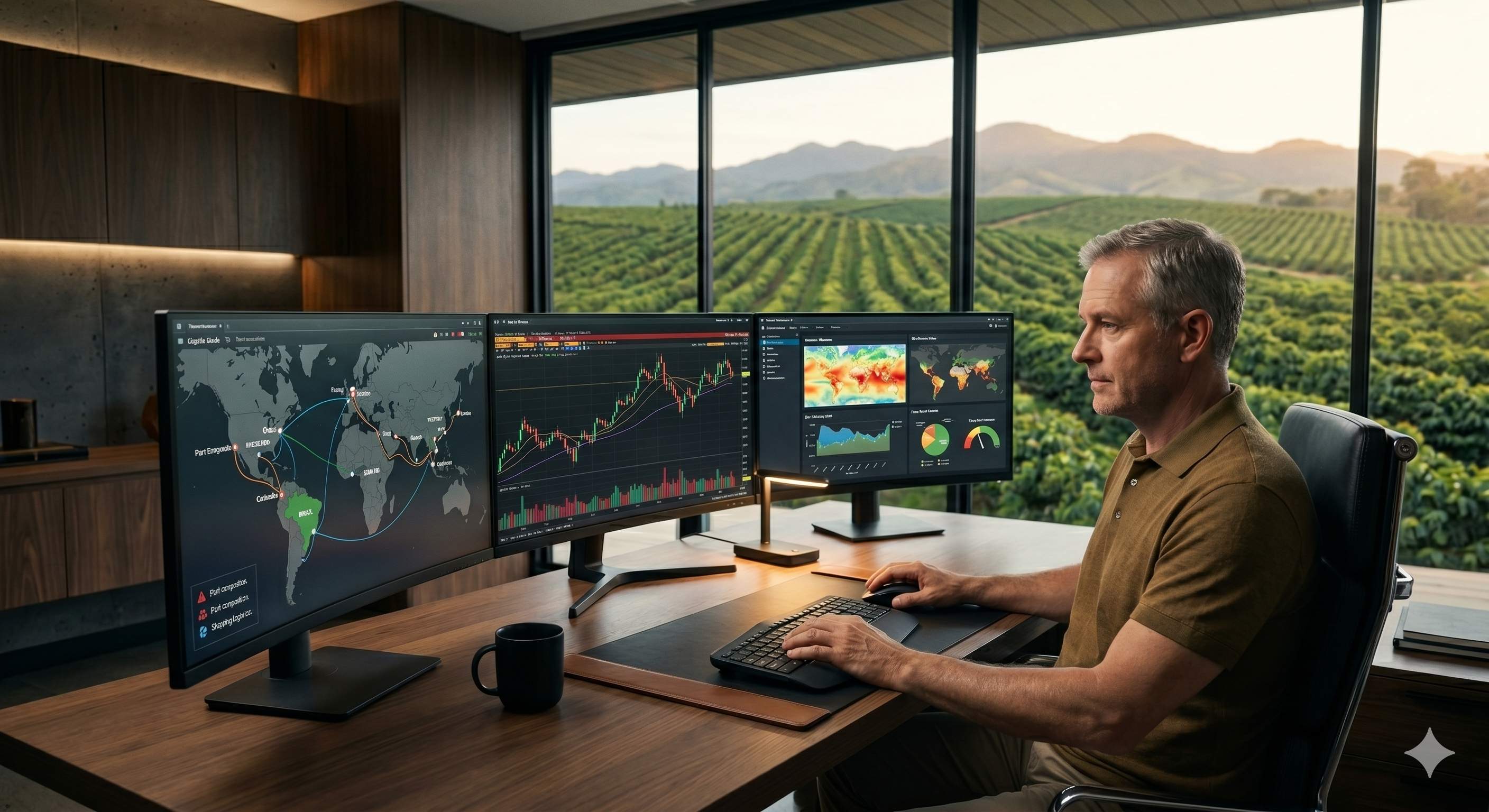 Painel de monitoramento do produtor de café em uso, com gatilhos de mercado, insumos, clima e geopolítica