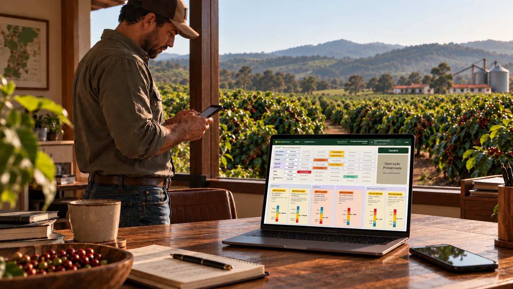 Coffee producer checking FarmDecision on a phone and laptop, overlooking the coffee plantation: indicator summary, market, exchange rate, inputs and barter ratio
